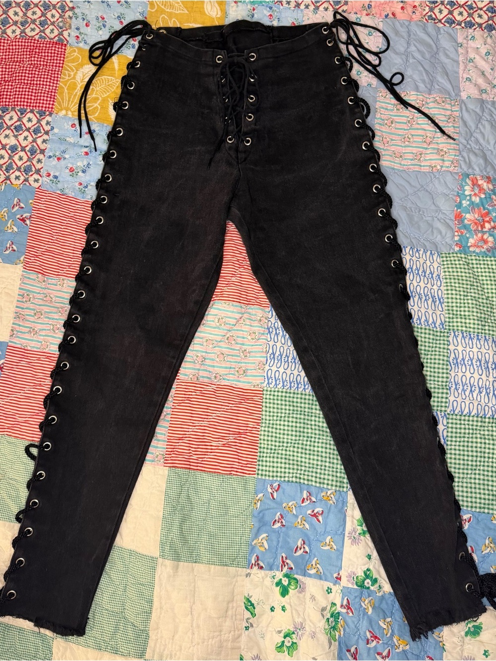 VTG 80s Frederick's of Hollywood Black Rocker Lace Up Jeans Size 5